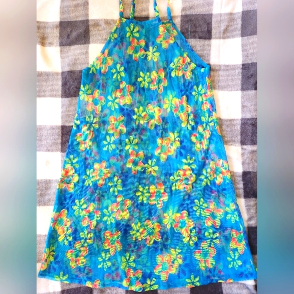 Tropical sheer swimsuit cover -Blue/Yellow/Orange Floral - Size small - Picture 1 of 6